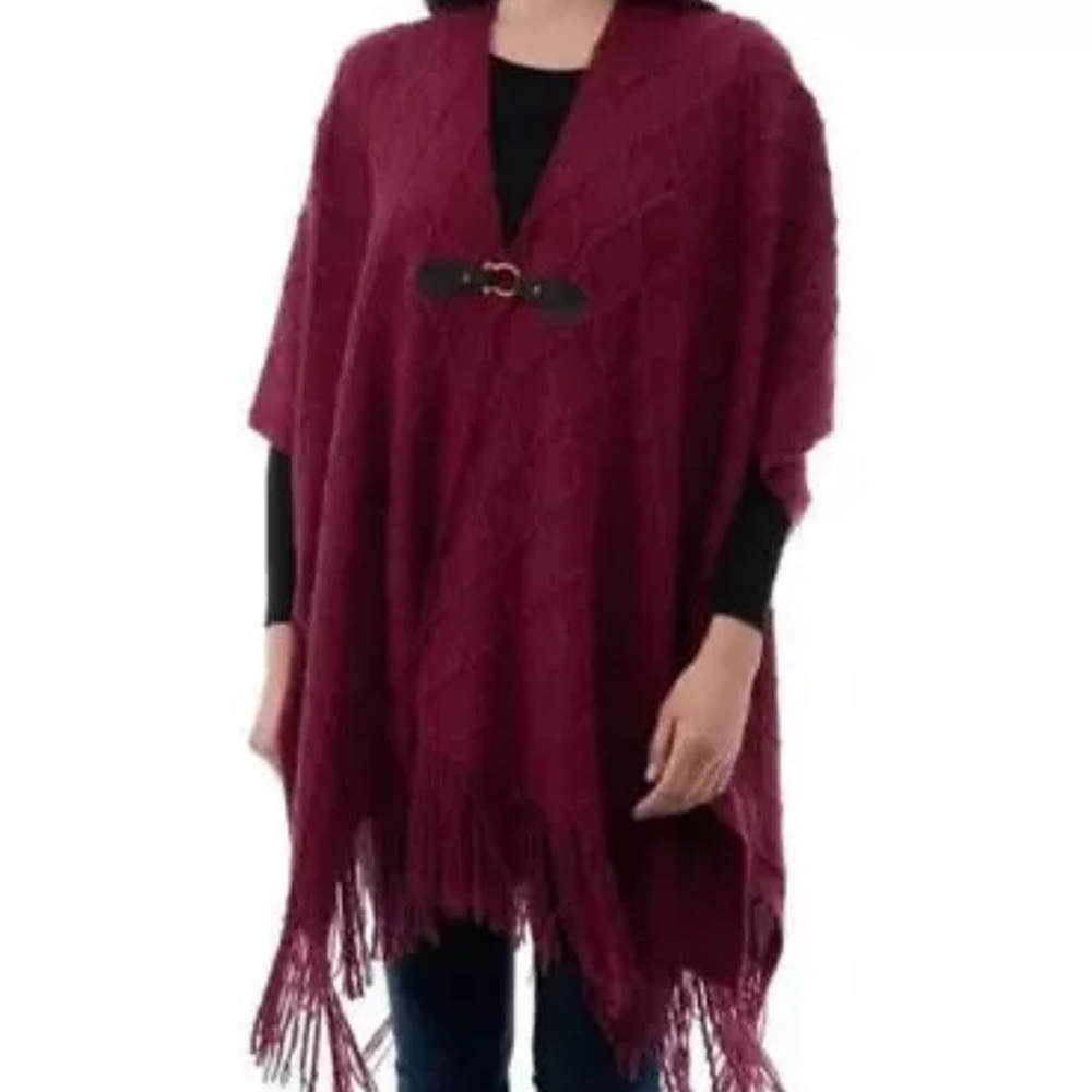 Style & co. Women’s cable knit fringed hem buckle wrap sweater poncho size one
